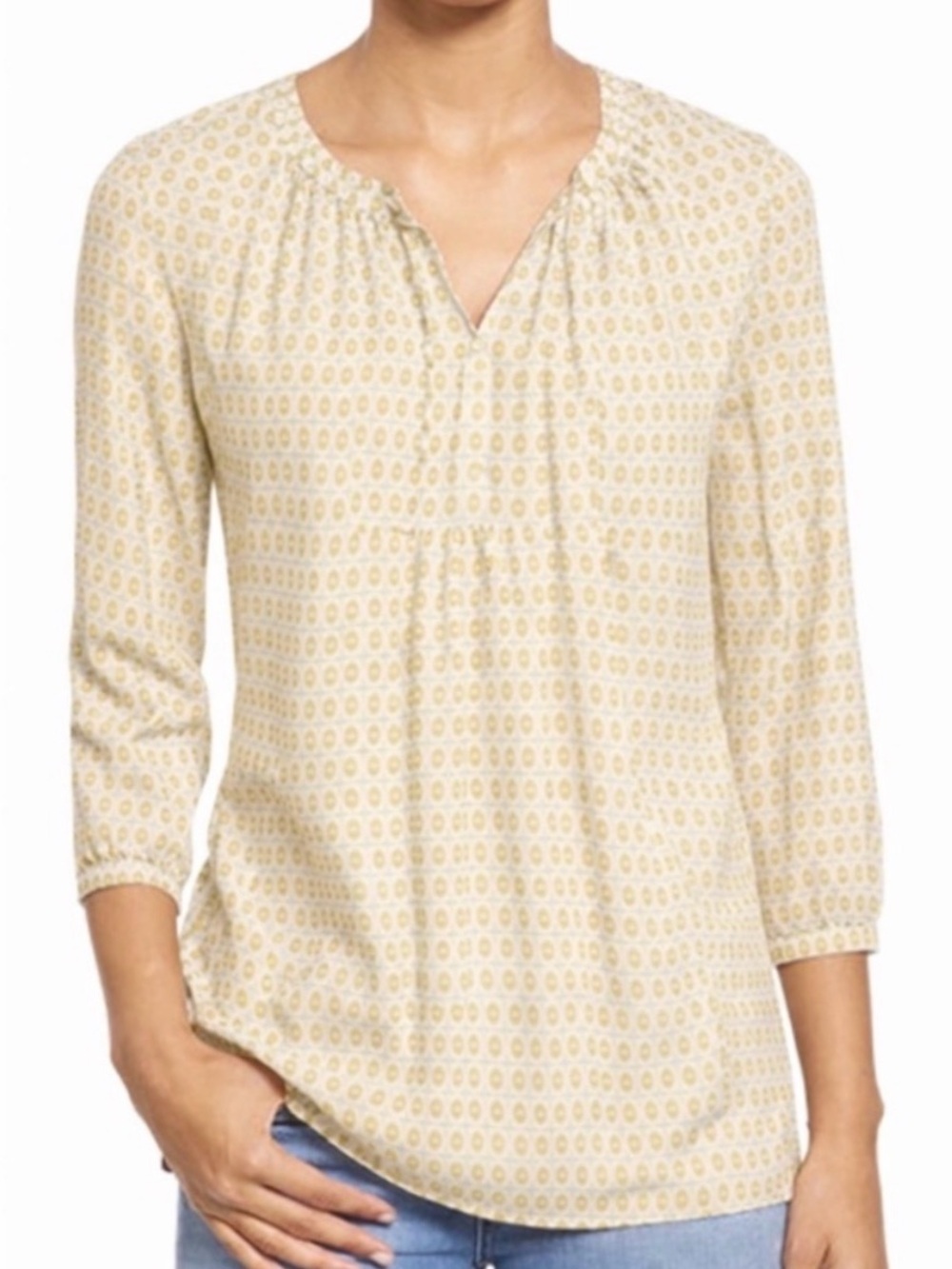 Caslon Mustard Yellow Blouse Split Neck Geometric Patterned Size Small Peasant